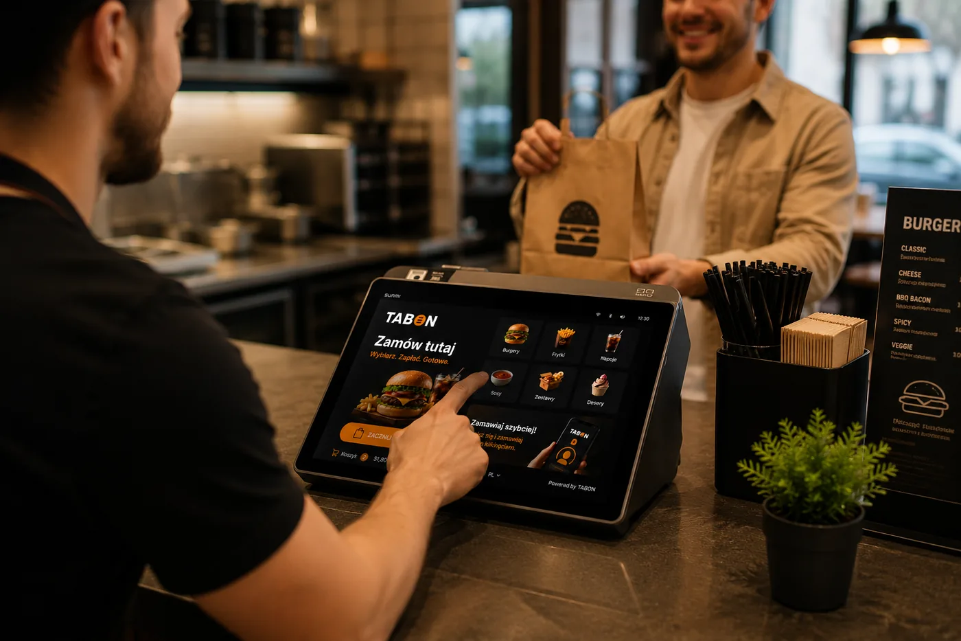 Obsługa wydaje zamówienie gościowi — TABON POS na Sunmi D3 mini w lokalu