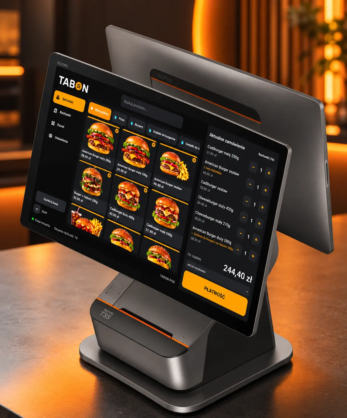 TABON POS na Sunmi T3 w ciepłym wnętrzu restauracji